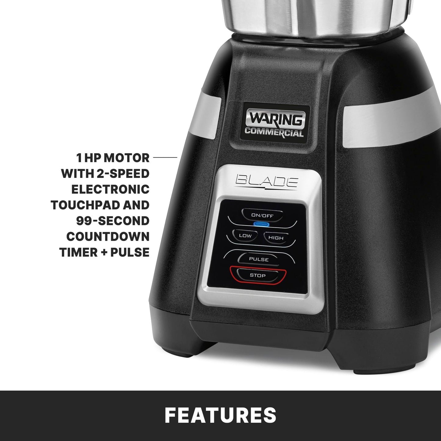 Waring Commercial BB340 Blade 1 HP Blender, 2-Speed Key Pad with Pulse and 99 Second Countdown Timer , 48 oz Stainless Steel Container, 120V, 5-15 Phase Plug