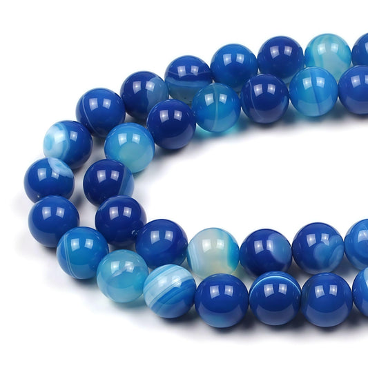 MJDCB Natural Stone Beads Blue Striped Agate Round Loose Beads for Jewelry Making DIY Bracelet Necklace (10mm)