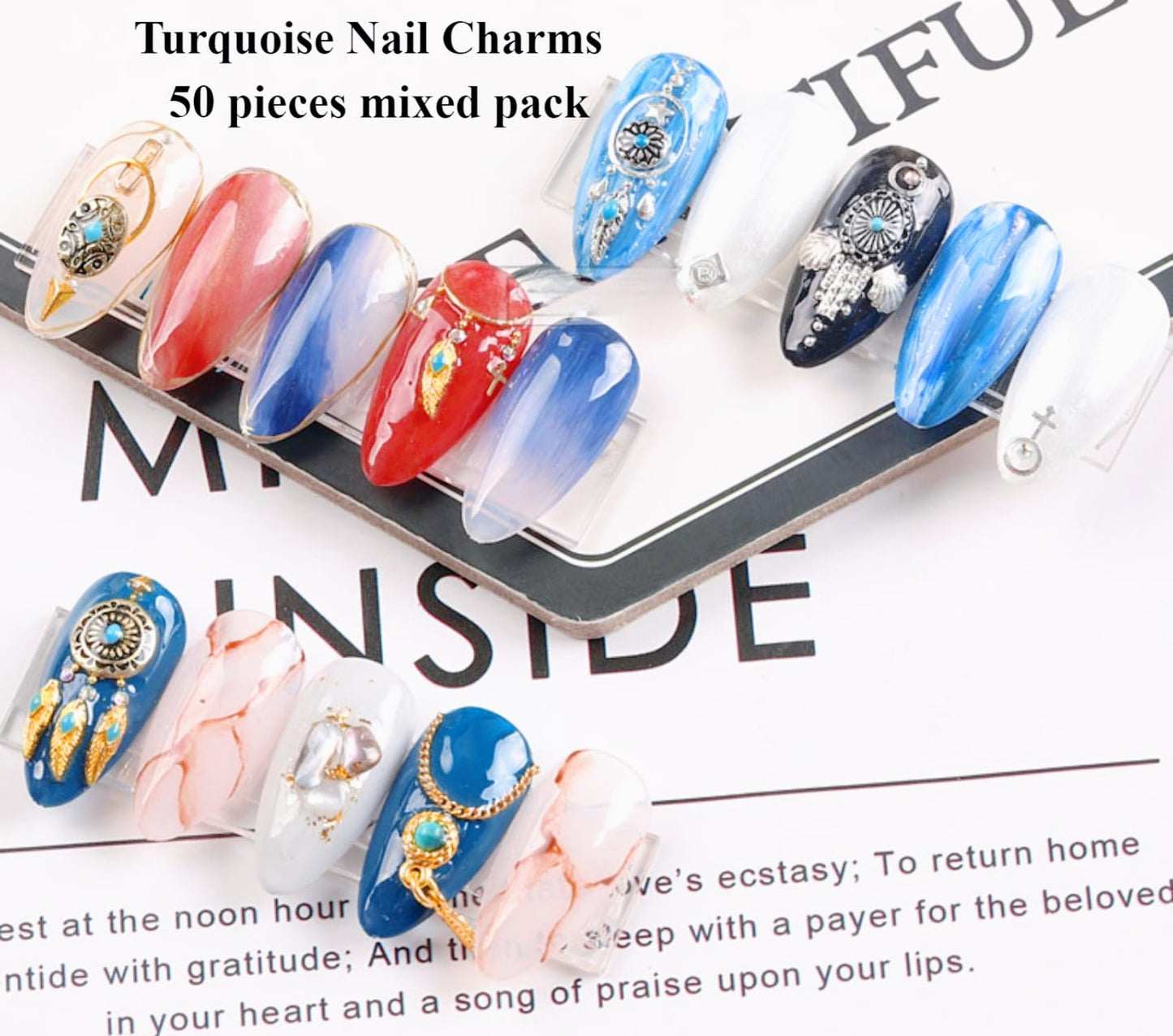 50 PCS Metal Turquoise Nail Charms - Western Cowboy Nail Art Decorations, 3D Nail Gems for DIY Manicure, Mixed Shapes Nail Accessories for Gel Acrylic Nails (Blue)