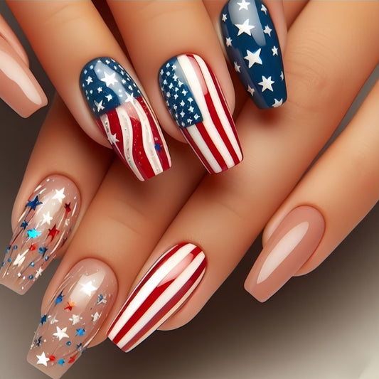 24Pcs Independence Day Glitter Stars Press on Nails Medium Square 4th of July Nude Fake Nails American Flag Design False Nails Full Cover Memorial Day Nails for Women Manicure Decoration