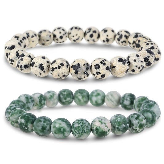 Bivei Natural Gemstone Semi Precious Crystals Handmade Stretchy Round Beads Bracelet, Enhance Positive Energy,Stocking Stuffers for Women(Dalmatian Jasper & Green Jasper (Inner Strength) Medium)