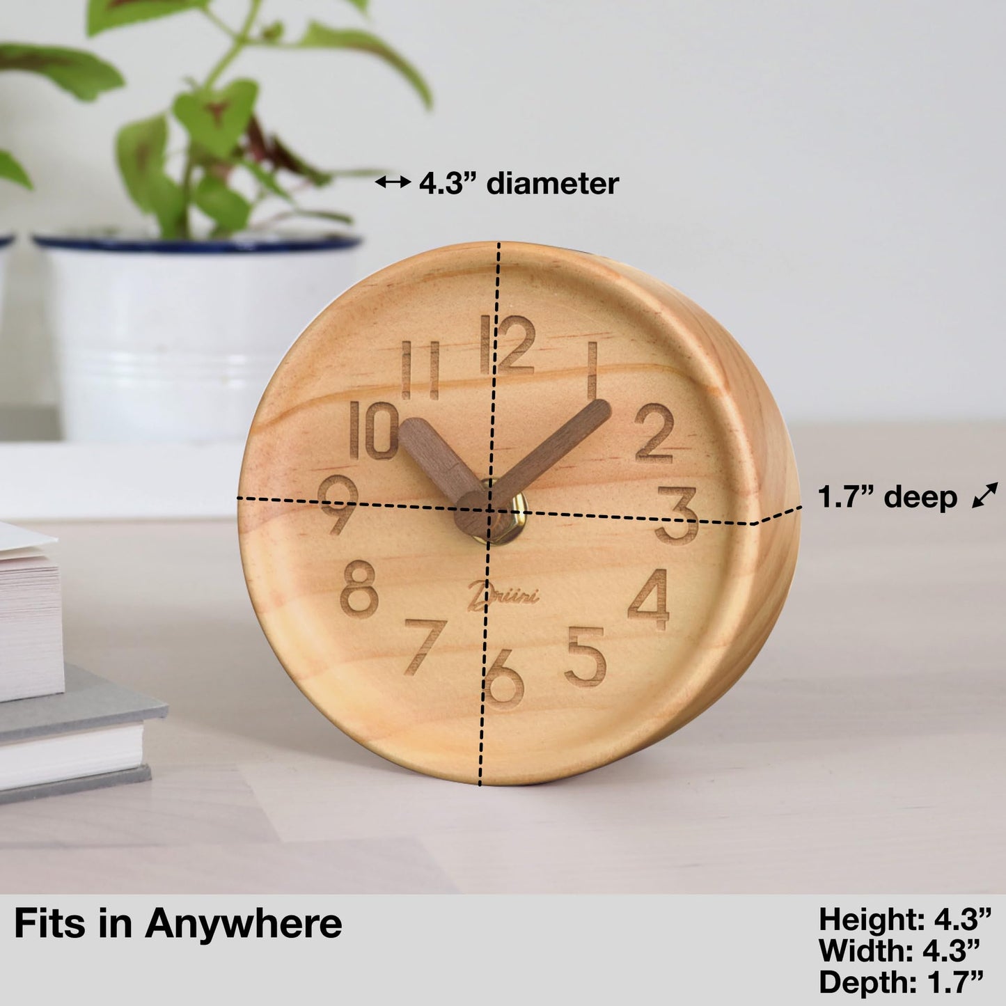 Driini Wooden Analog Desktop Clock – 4.3 in. Decorative Pinewood, No-Tick Design – Easy to Read Silent Sweep Mantle Clock – Quiet Tabletop Clocks with Wood Body, Hands, & Battery Cover; Light