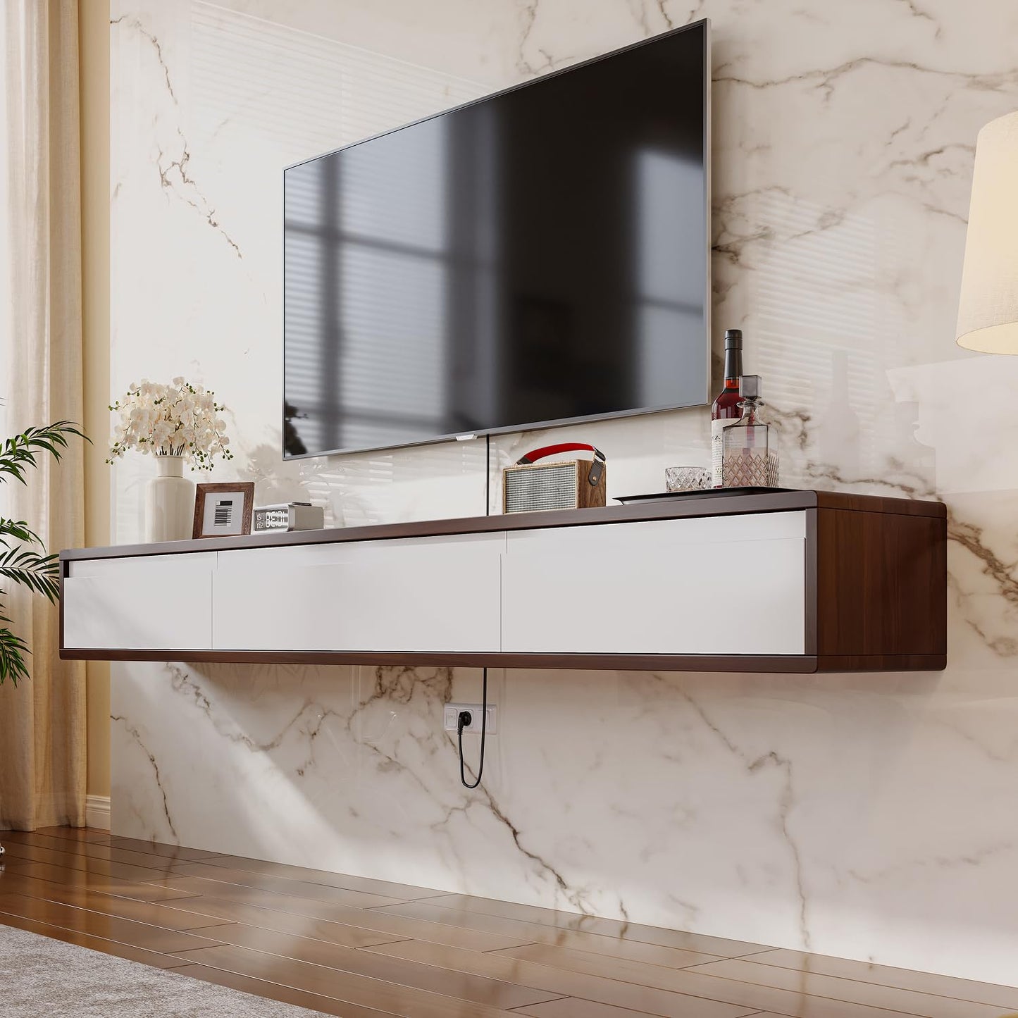 FurniNova Fully Assembled Floating TV Stand,High Gloss Wall Mount TV Console with 3 Doors, Under TV Shelf Entertainment Center for Living Room Bedroom,Walnut+White 47IN