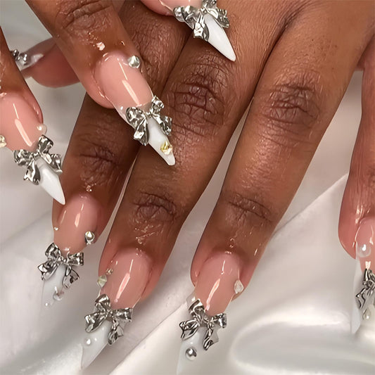 SINHOT Stiletto Press on Nails Long Fake Nails Glossy Glue on Nails 3D Silver Bowknot Acrylic Nail White French Tip Almond Artificial Nail Rhinestones False Nail with Design 24 pcs