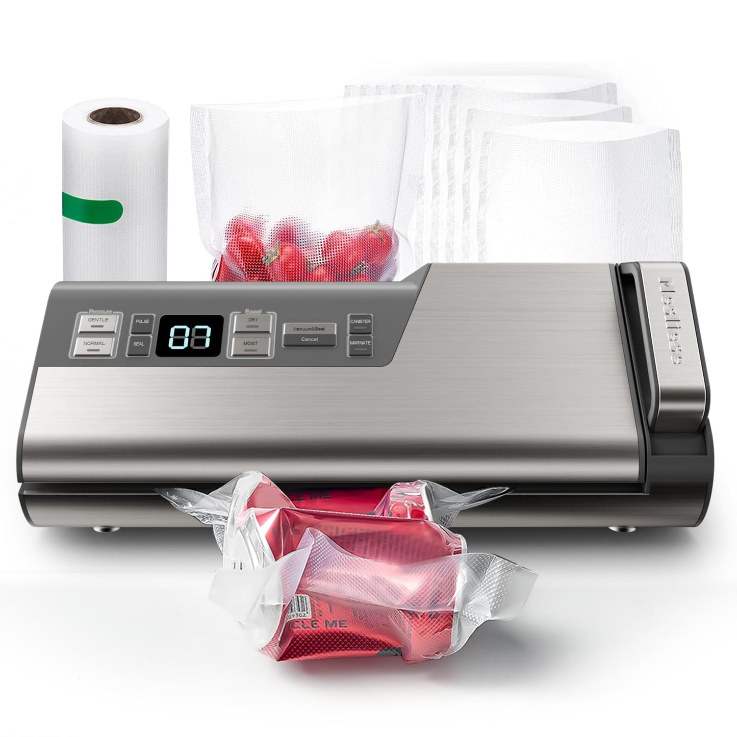 Mesliese Vacuum Sealer Machine, 95kPa 140W One Hand Operation Food Sealer, Double Seal Strip with Build-in Cutter & Countdown Display, 2 Bag Rolls, 5PCS Pre-cut Bags