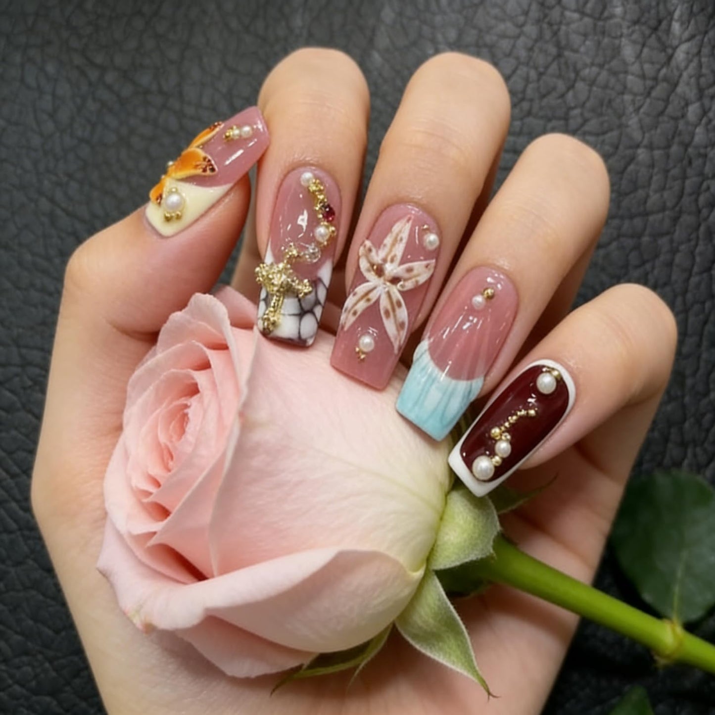Floral Handmade Medium Square Press on Nails Nude Base Colorful 3D Floral Accents Pearl Chain Details Glossy Finish Reusable Spring Nails Easy Apply Party Durable Trendy Women Girls Nail Art 24 Pcs（M）
