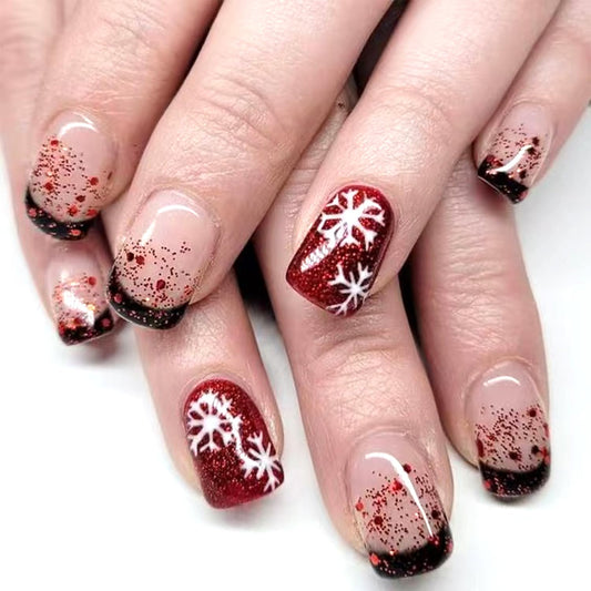 LWTZLW Christmas Press on Nails Snowflake Short Square False Nails Black Glitter French Tip Full Cover Glue on Nail Snowflake Design Acrylic Fake Nails Winter Artificial Glossy Nail Reusable for Women