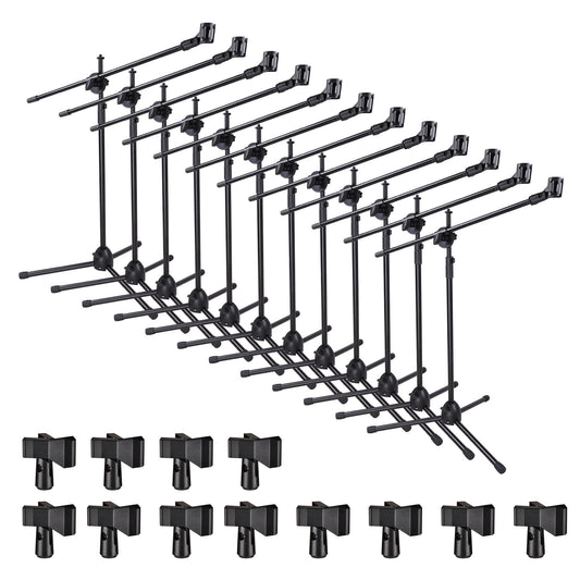 AW 12pcs Boom Mic Stand Floor Adjustable Height Mic Tripod Stand w/ 2 Mic Clip Holder Foldable Microphone Holder for Singing Live Stream Stage Studio