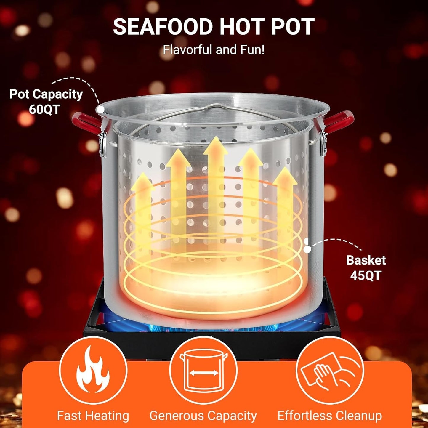 60-Quart Aluminum Seafood Boil Pot Kit with Steam/Boil Basket & Strainer, 110,000 BTU Propane Jet Burner & Lifting Hook, 10 PSI Regulator, Outdoor Crawfish, Shrimp, Crab Boiler and Fryer Combo