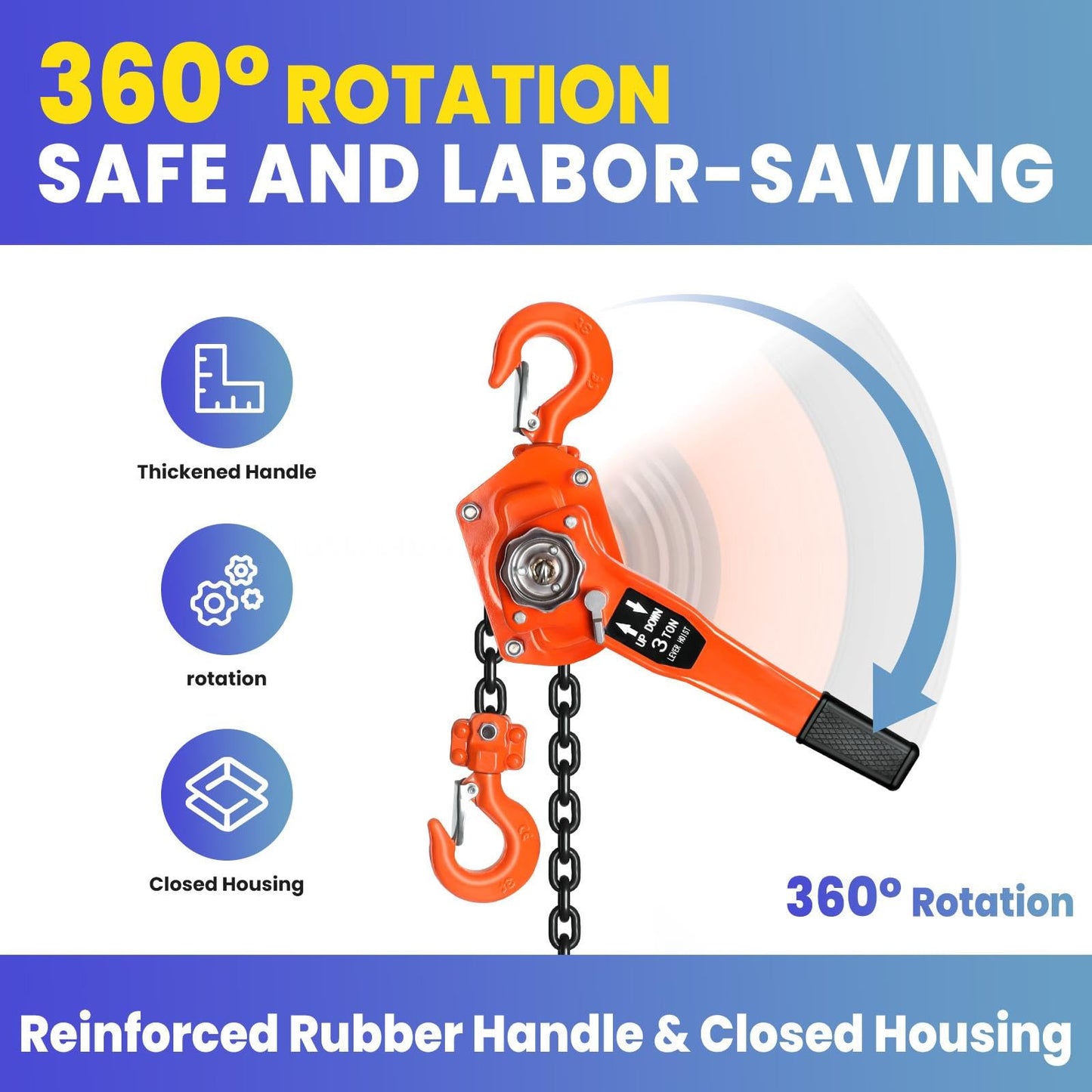 Heavy Duty Chain Hoist, 6600lbs Capacity Come Along Tool, Hand Chain Hoist with Dual Pawl Brake for Warehouse, Factory & Construction (3Ton10FT)