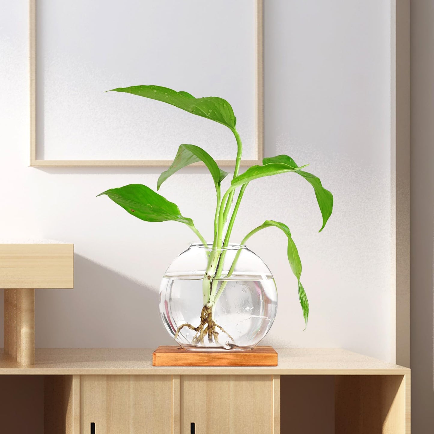 LIFKOME Glass Hydroponic Planter Bottle with Retro Wooden Base, Desktop Glass Plant Vase for Home and Office Décor, Flower Hydroponics Terrarium for Indoor Gardening