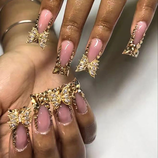 French Tip Junk Press on Nails Short Duck Square Fake Nails with Butterfly Charms Designs False Baddie Nails Cute Rhinestones Stick on Nails for Women 24Pcs (Designs, gold buterfly)