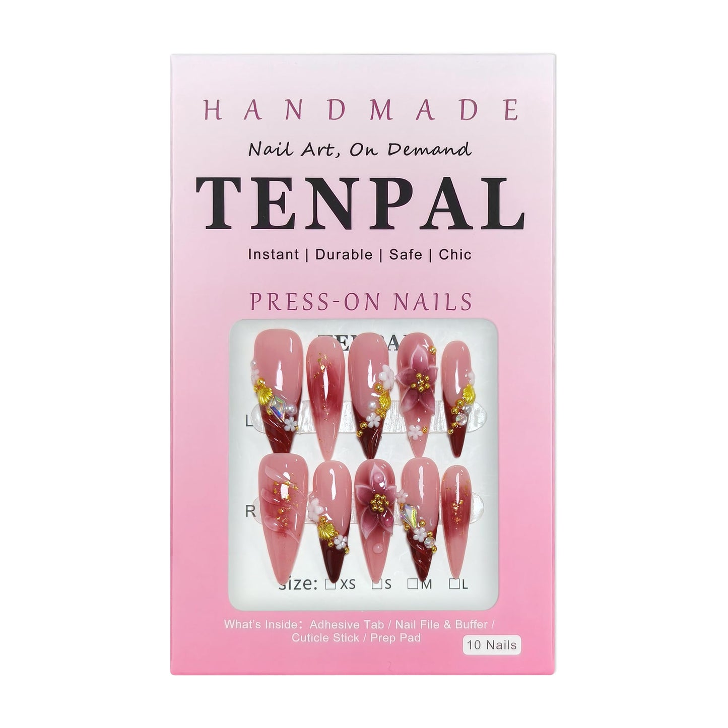 TENPAL Handmade Press on Nails Long Stiletto - Burgundy French Tips 3D Floral Embossed Glossy False Nails for Women Girls Fall Winter- Glossy Acrylic Y2K Nails for Parties Date Daily Wear(M)