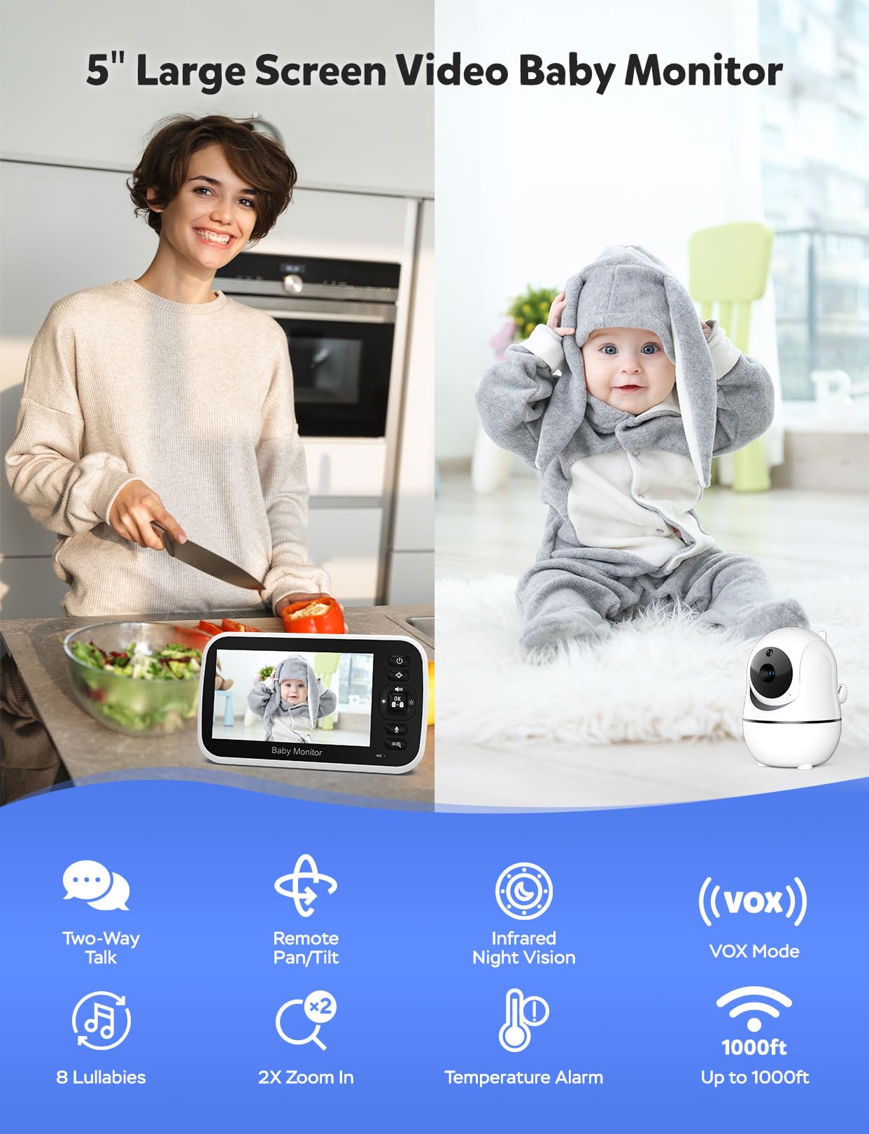 GoodBaby Baby Monitor with Camera and Audio - No WiFi, Remote Pan-Tilt-Zoom, Night Vision, Temperature Sensor, 2-Way Talk, 8 Lullabies, 30-Hour Battery Life，960ft Long Range