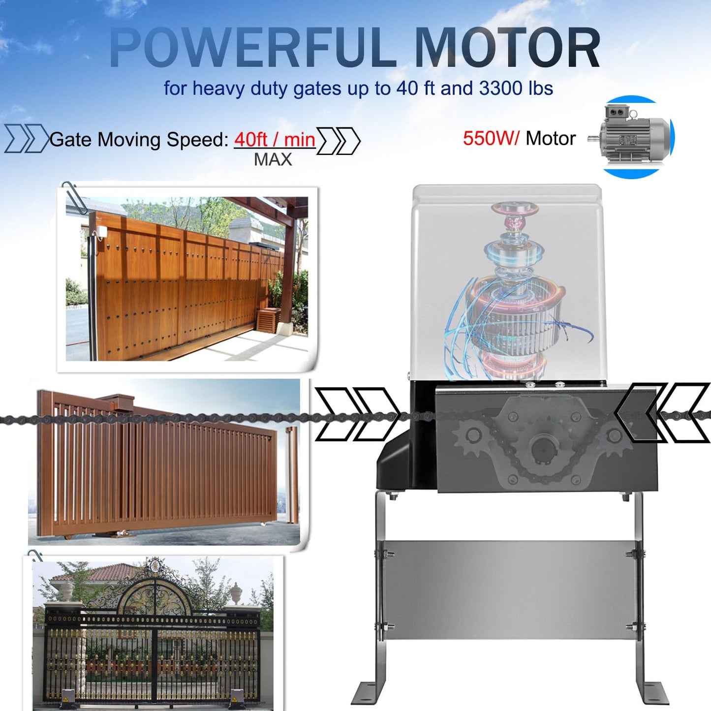 ASGO 3300lb Automatic Sliding Gate Opener APP Control with 6 Remote, Driveway Electric Slide Gates Operator Motor Complete Kit, 20ft Driven Chain/IR Secure Sensor/Keypad