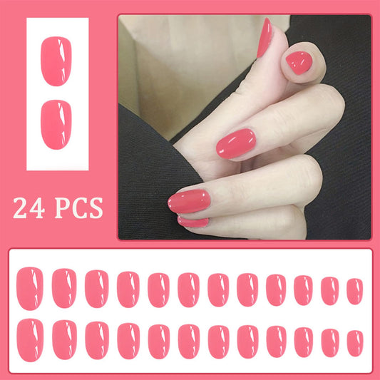 Rose Red Press-On Nails Short Oval False Nails Solid Color Rose Red Full Cover Glossy Gel Nails Reusable Women's Crystal Nail Decorations 24 Pieces