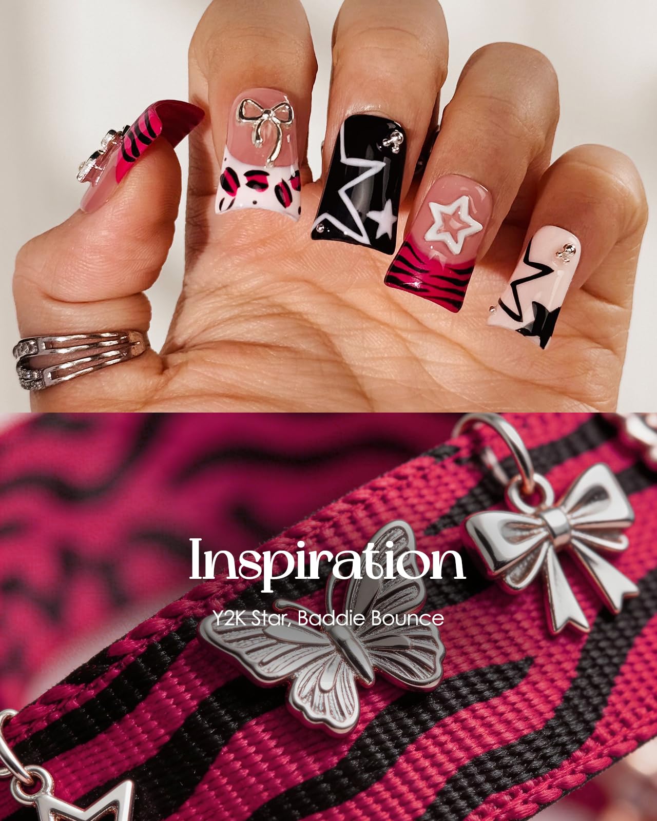 Buleens Handmade Press on Nails Acrylic Duck Nails-10pcs Short Edgy Y2K Pink Butterfly Star 3D Fake Nails Kits with Glue