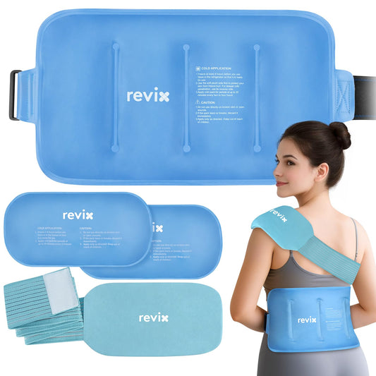 REVIX Ice Packs for Injuries Combo – 2 Packs of 10"x5" Hot Cold Gel Packs Reusable & 16"x9" Large Back Ice Pack, Flexible for Knees, Back, Shoulders, Arms and Legs, Care Package for Women and Men