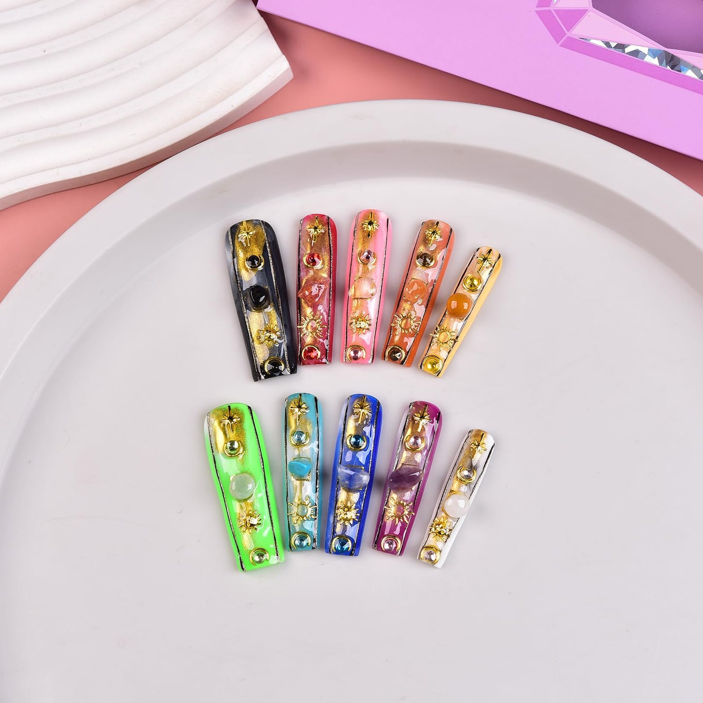 Tmani 10pc/set Long Handmade Press On Nail Hot Girl's Long Nails Ten Kinds of Natural Crystal Stone Decoration Fake Nails Suitable For Girls Festival Parties and Birthday Gift(444,M)