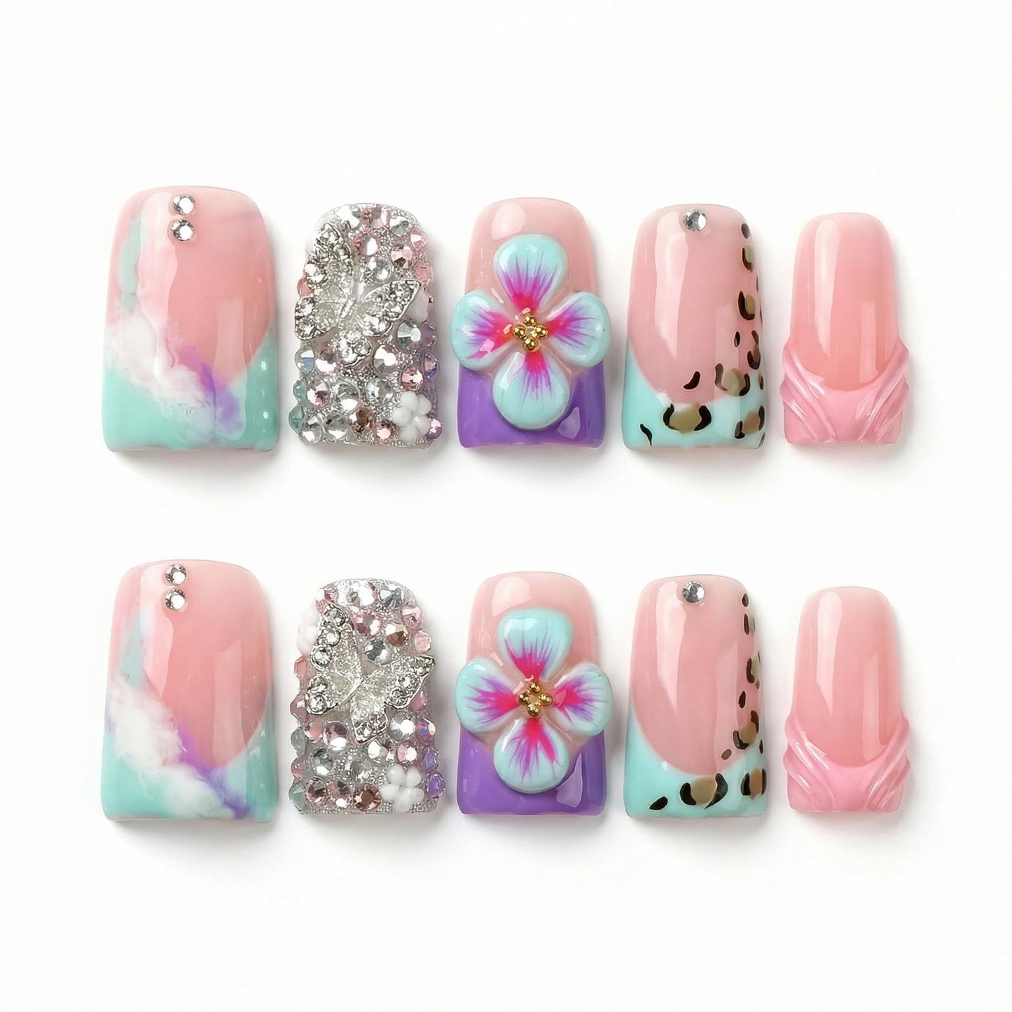 Handmade Acrylic Press on Nails Short Duck Nails Press on 3d Floral Designs Square Reusable Fake Nails Luxury Rhinestones Cute for Women (Size M）