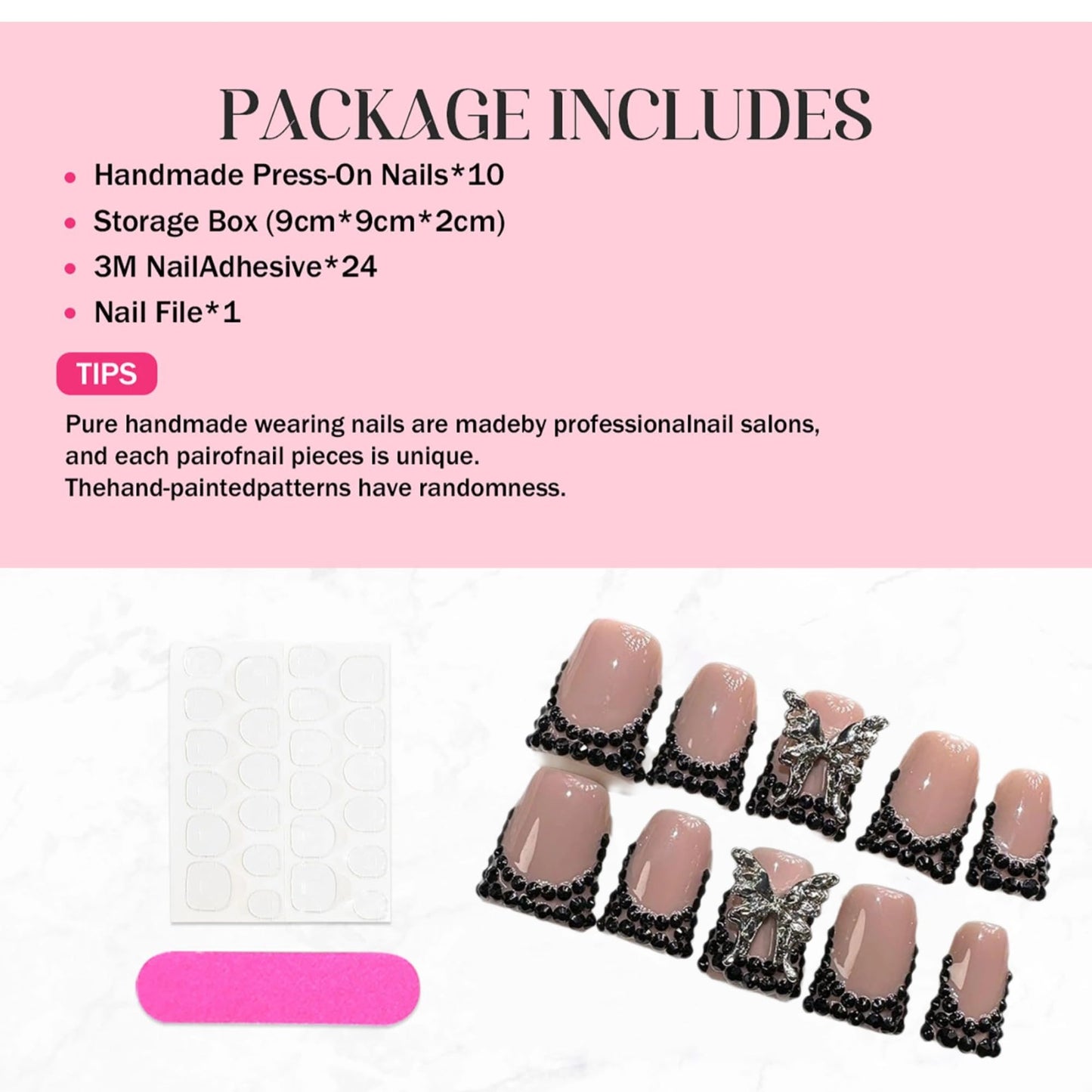 Qicaijia 10Pcs Handmade Press on Nails Medium Fake Nails Duck French Tip Nails Press Ons Sparkly Artificial Acrylic Black Rhinestone and Butterfly Design Reusable Stick on Nail for Women (Size M)