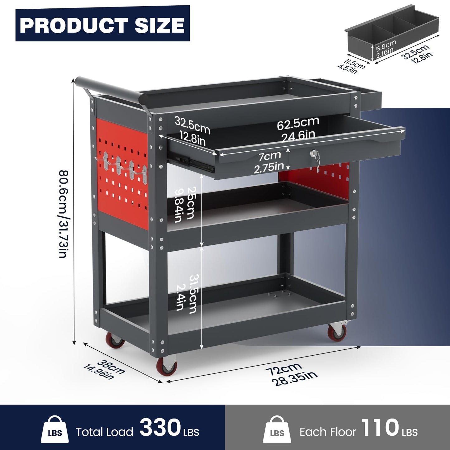 ALANNG 330 LBS Rolling Tool Cart with 1 Drawer & 3 Shelves | Heavy Duty Mechanic Cart Includes 7 Hooks, 2 Pegboards & Screw Organizer | Metal Service Cart for Garage Workshop (Grey, 1 Pack)