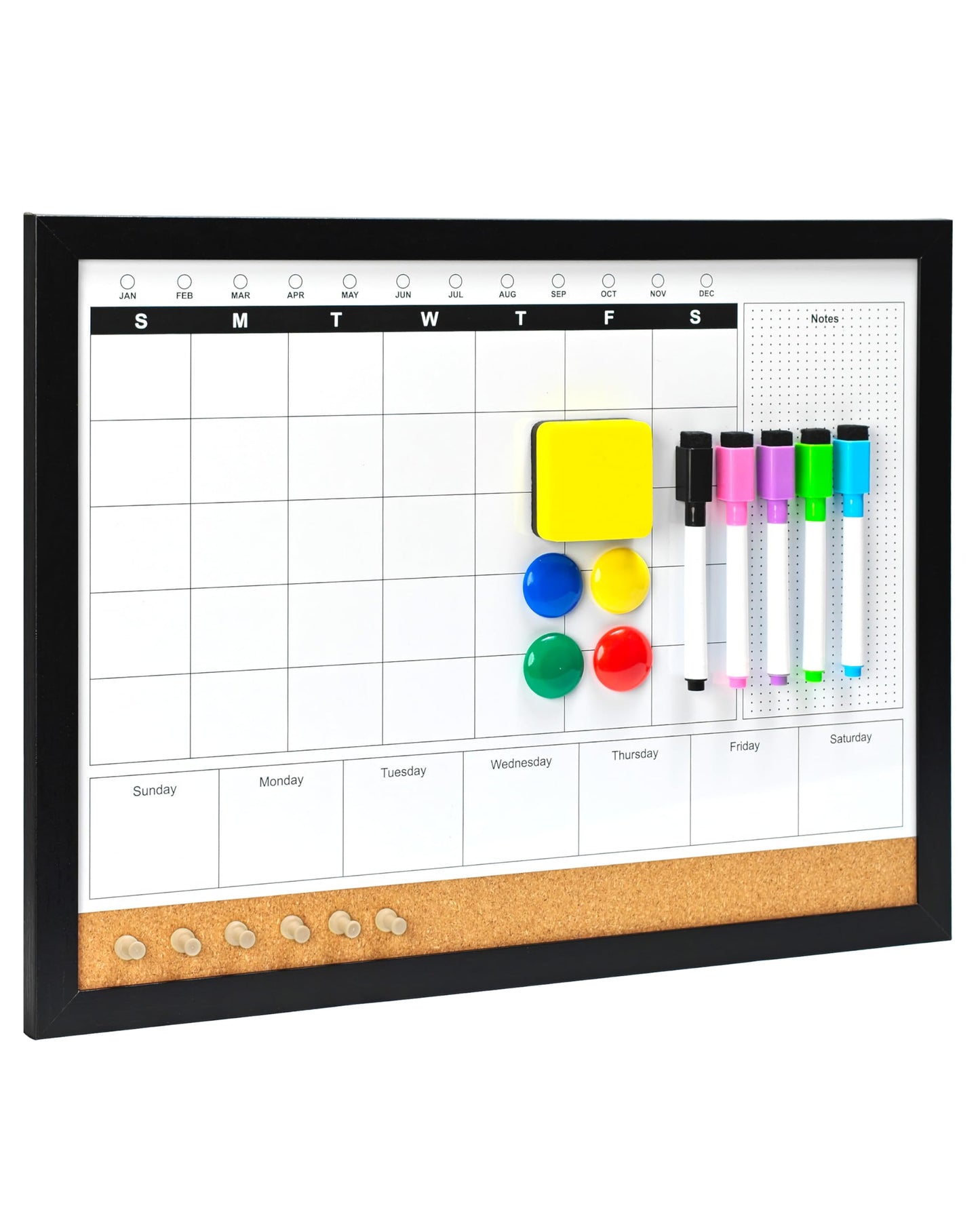 Dry Erase Calendar Whiteboard for Wall, 4-in-1 Magnetic Monthly Whiteboard with Wooden Framed, 17" x 13", Reusable Monthly Combination Planner Board for Home, Office, Classroom