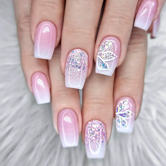Short Press Coffin False Nails with Silver Glitter Gradient Designs - Light Pink Full Cover Acrylic Nails - Glossy Leaf Design Stick On Nails for Women - 24 Pcs