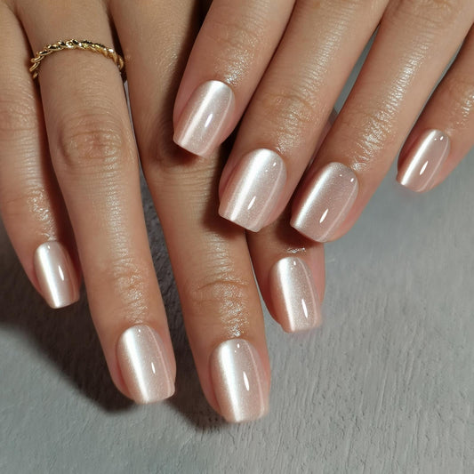 Cat Eye Nude Press on Nails Square - SHANGMENG Soft Gel Press on Nails Short for Women Gift, Fit Perfectly & Natural Stick on Nails with Glue in 16 Sizes - 32 Reusable Fake Nails, Light Nude