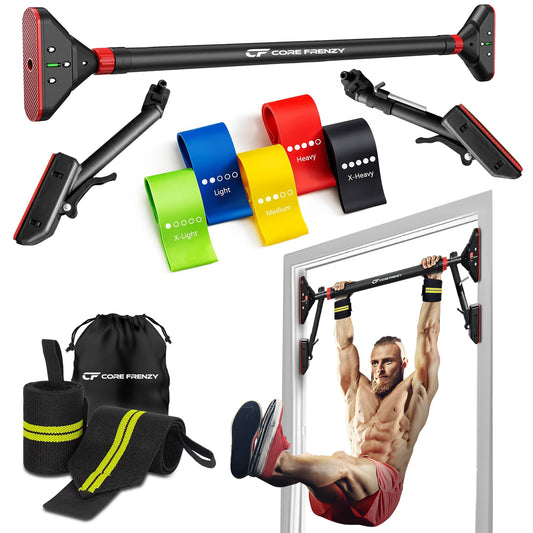 Core Frenzy Pull Up Bar for doorway With Resistance Bands, No Screw Installation, Chin Up Bar for Upper Body Workout & Exercise, 29.9"-37.5" Adjustable Width Locking Mechanism, Max weight Hold 880 lbs