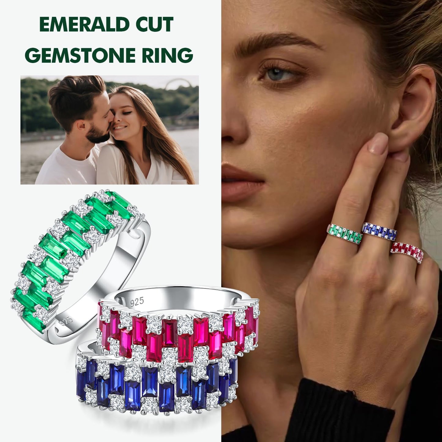 RANDES Womens Eternity Wedding Bands Emerald Ring 925 Sterling Silver Band Emerald Engagement Ring 7mm Wide Green Stone Ring Size 9