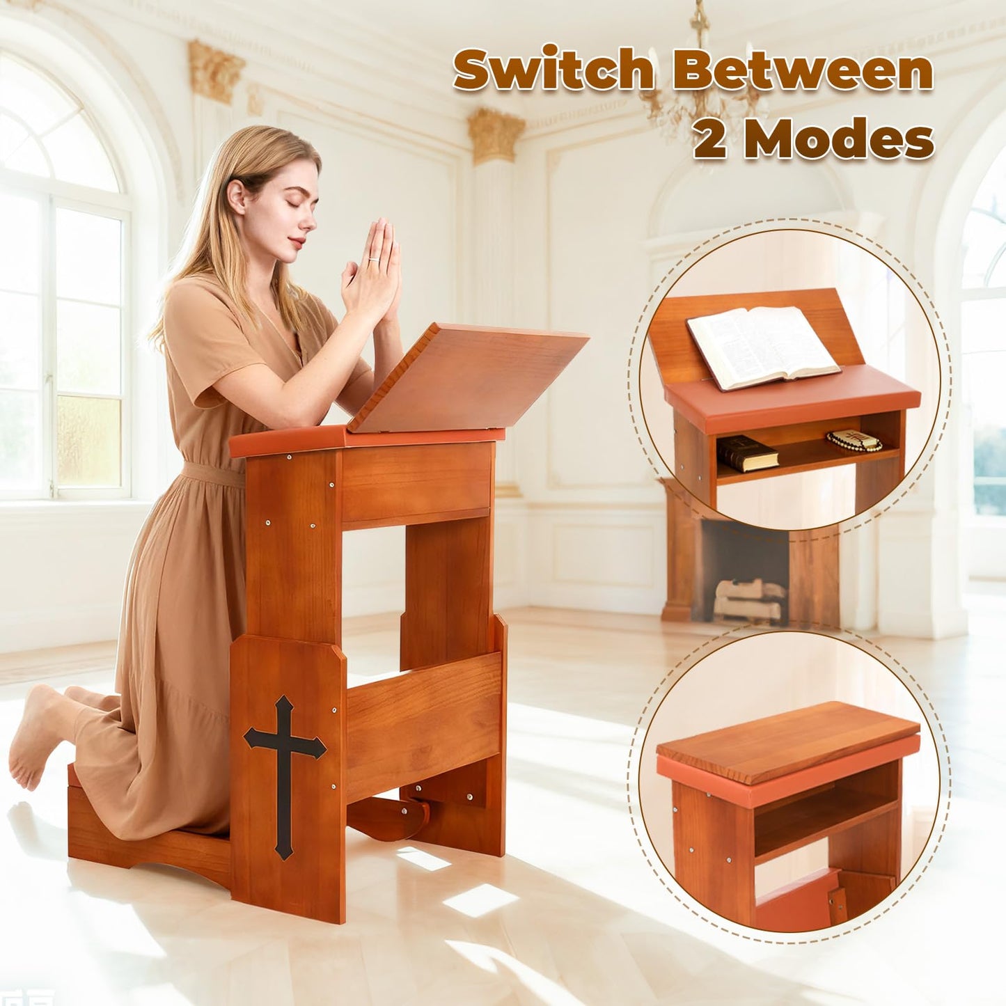 JoyPcsTable Prayer Kneeler Bench with Book Rest, Adjustable Height Foldable Kneeling Bench with Thick Padding, Portable Prayer Stool for Home, Church and Meditation