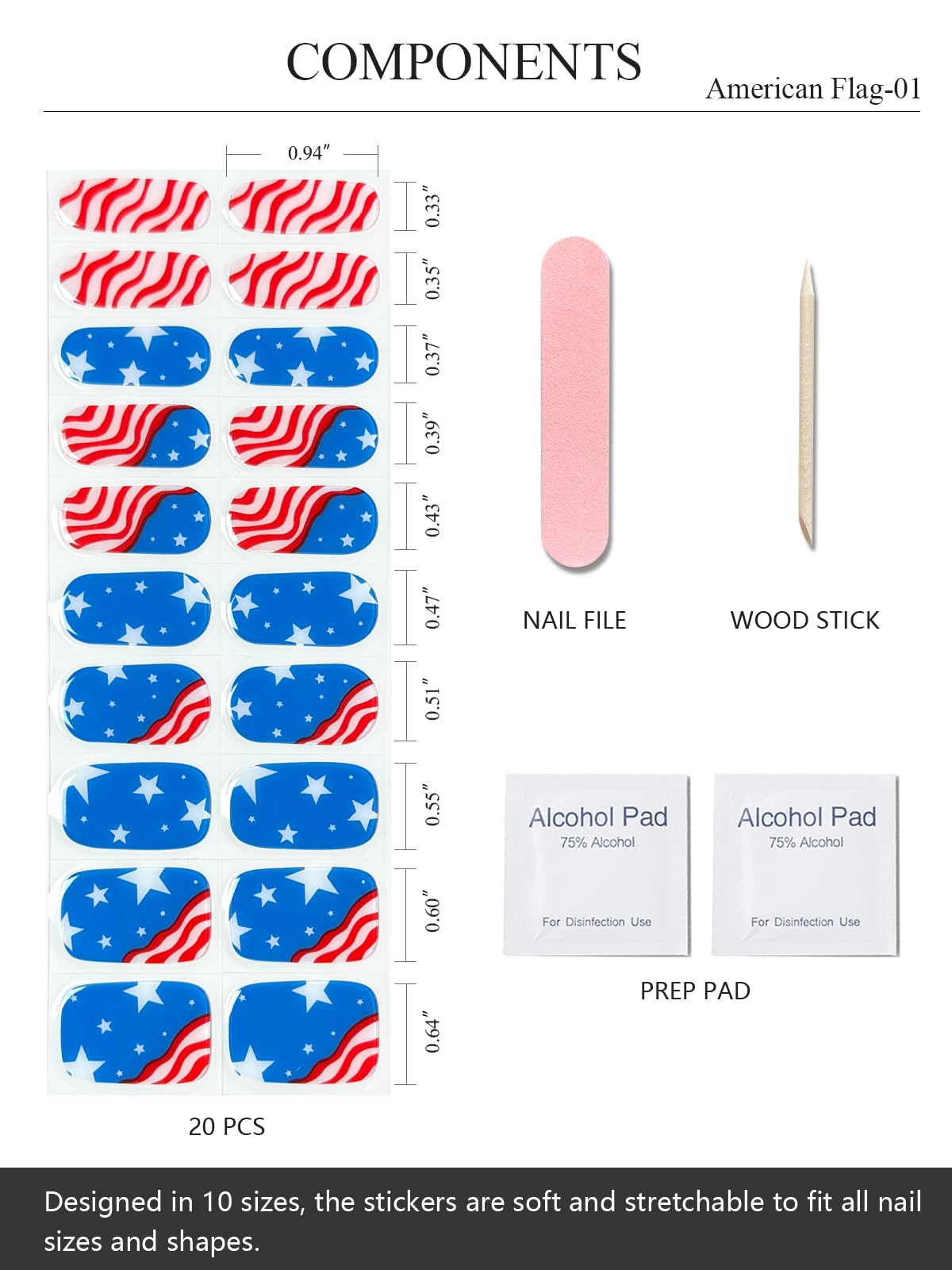 AutyaMee Semi Cured Gel Nail Strips (American Flag-01), 4th of July, 20 Pcs Gel Nail Wraps, Stickers, Salon Quality, Sun-Cured or UV-Cured