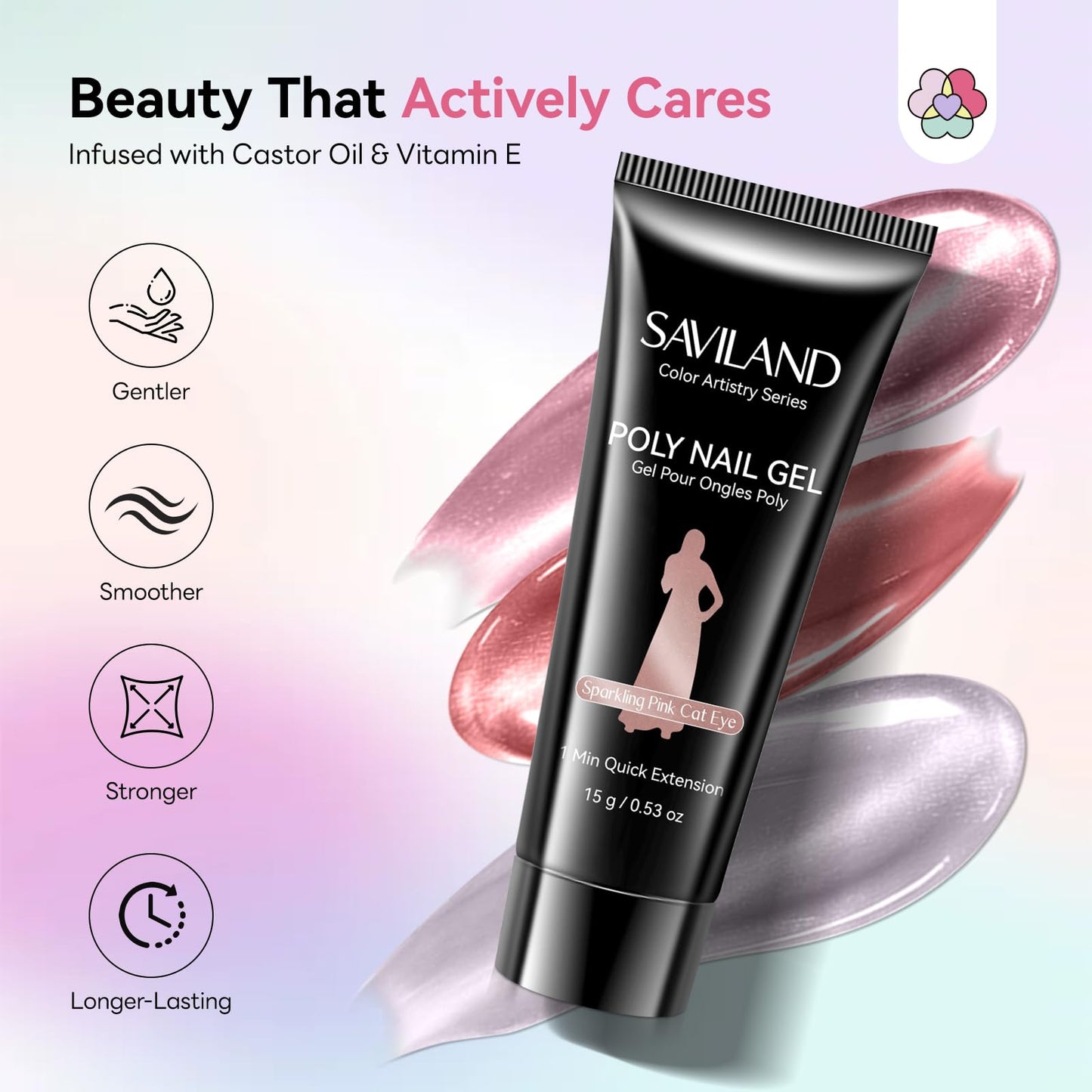 SAVILAND All-in-1 Poly Extension Gel Nail Kit: 15 Colors Poly Gel Nail Kit for 28 Days Long-Lasting, Pink Peach Cat Eye with Slip Solution U V Light for Quick Nail Extensions Home Salon Daily Art DIY