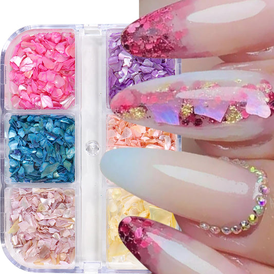 6 Grid Colorful Shell Glitter Sequins Nail Accessories Mix 6 Colors Manicure Shell Nail Art Glitter Flakes 3D Nails Supplies Jewelry Studs Nail Decoration Kit Suitable for Women Sparkly Acrylivc Nail
