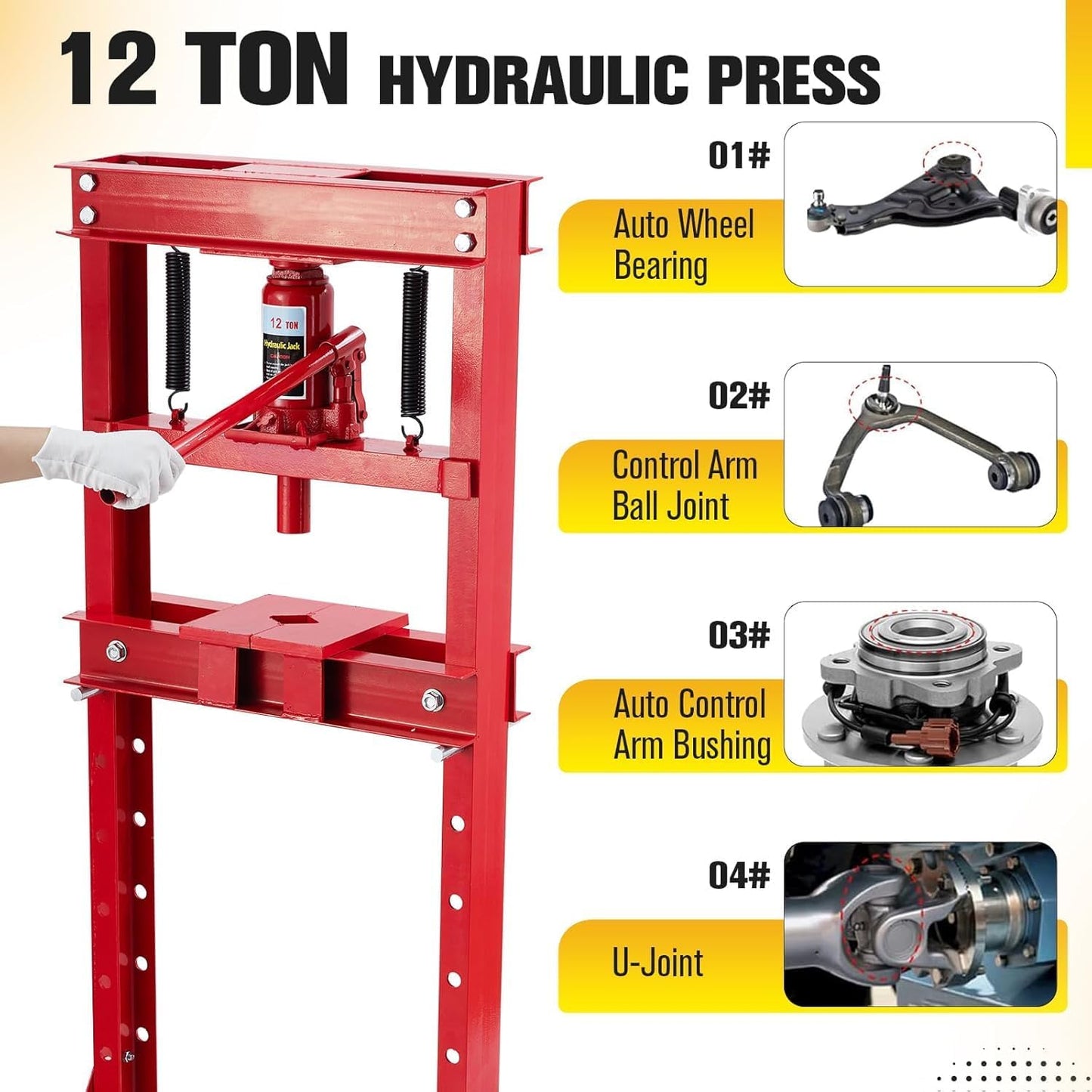 12-Ton H-Frame Hydraulic Press with Adjustable Table & 2 Press Plates, Heavy-Duty Shop Press for u-Joints, Metal Bending, and Garage Repairs