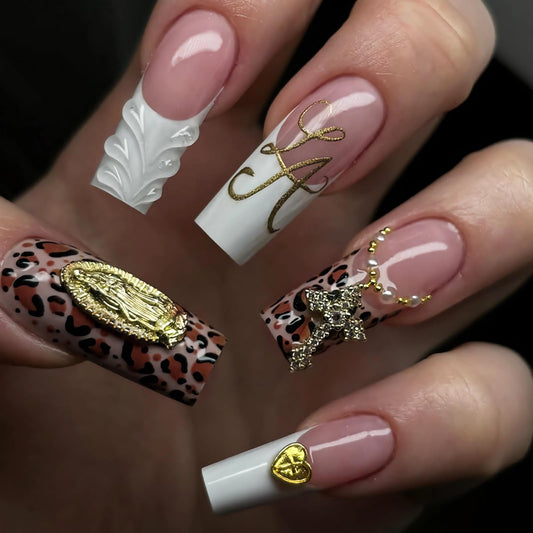 BABALAL Press On Nails, Long Square Fake Nails, Pink Ombre With White French Tip, Leopard Print & 3D Gold Cross Charm, Glossy Full Cover Glue On Nails For Women And Girls 24Pcs