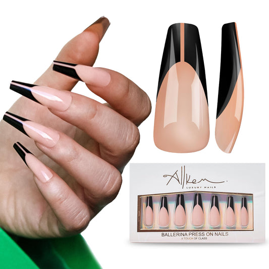 Allkem Revolve French Press on Nails | Glossy Extra Long coffin | 10 sizes - 20 pcs Ballerina Nail kit with Glue