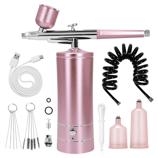 Airbrush Kit Air Brush Kit With Air Compressor Nail Charms Wireless Air Brush for Barber, Nail Art, Makeup, Model Painting (Pink - with extension tube)
