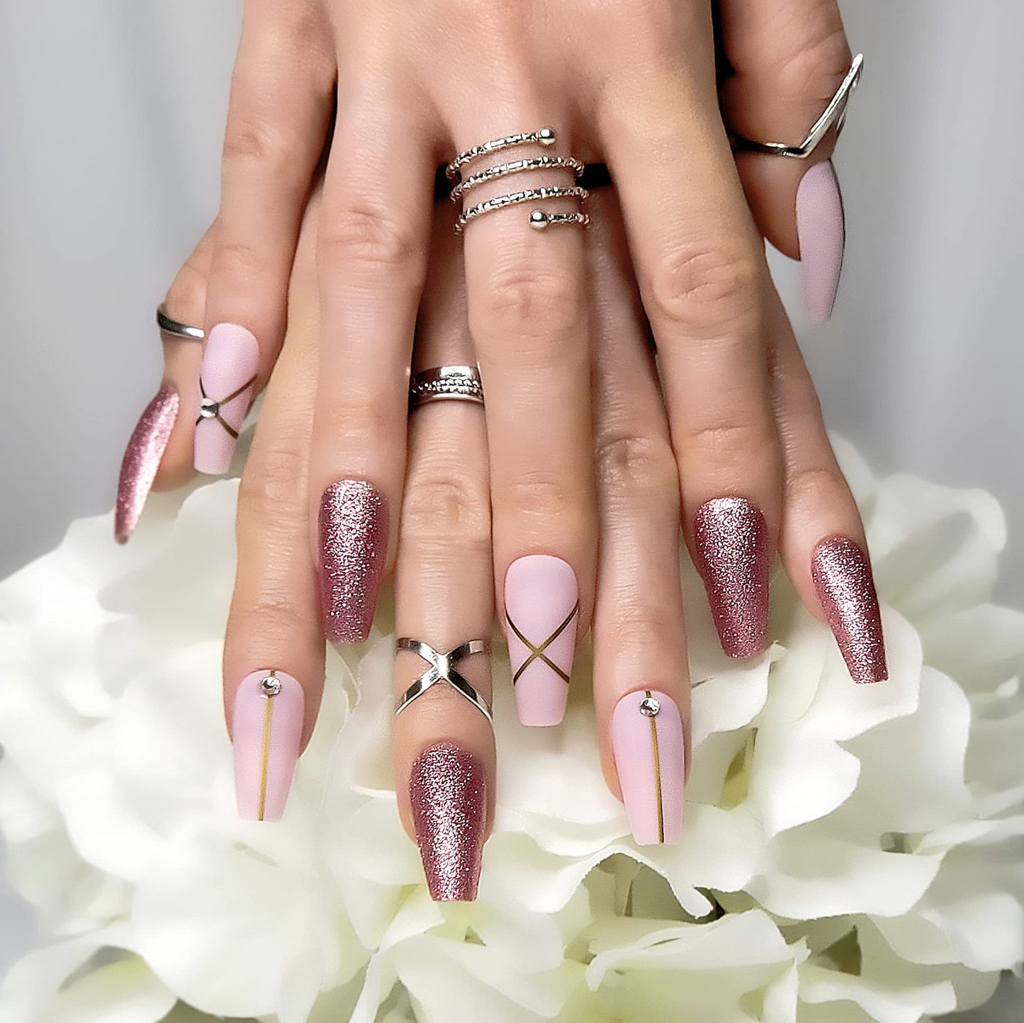 Hypnaughty 24 Pcs Pink Fantasy Matte and Glitter Design with Rhinestones Luxury Coffin Press on Nails with Glue Medium Long Reusable False Nails (Pink Fantasy)
