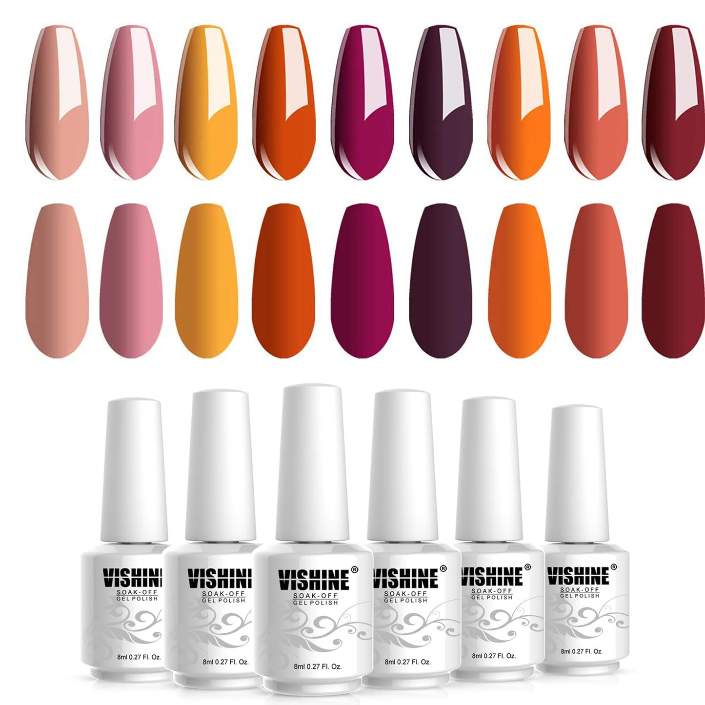 Vishine 12 Pcs Gel Nail Polish Kit, Orange Yellow Red Purple Gel Nail Polish Set Colors Collection Soak off LED Nail Lamp Base Top Coat & Matte Top Coat Gel Nail Kit 8ml