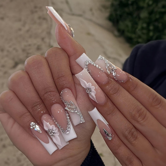 Octoswave Square Press on Nails Long Fake Nails White French Artificial Nail Sparkly Bow and Rhinestones Stick on Nail for Women 24pcs