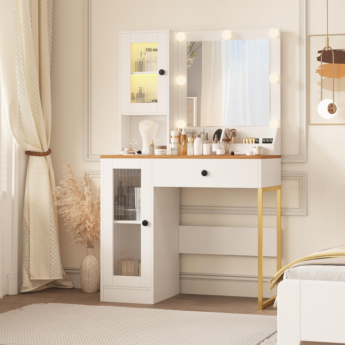 GarveeHome Makeup Vanity Desk with Mirror and Lights, Vanity Table with Charging Station, 2 Compartments, 2 Acrylic-Door Cabinets & RGB Lights, Dressing Table for Bedroom, White and Natural