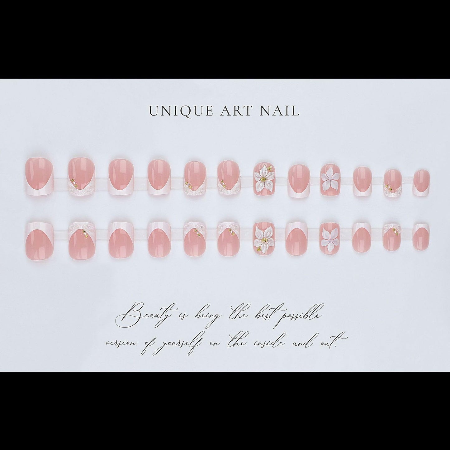 CTTHNBD Short Press on Nails Square - White French Tip Fake Nails with Flower Design - Spring Stick on False Nails - for Women 24 Pcs