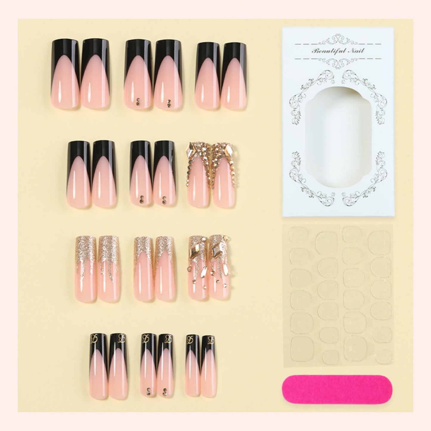 Long Press on Nails Square Fake Nails Black Artificial Nail Gold Glitter Rhinestone French Tip Luxury Charm Glossy Stick on Nail Glam Party Look for Women 24pcs