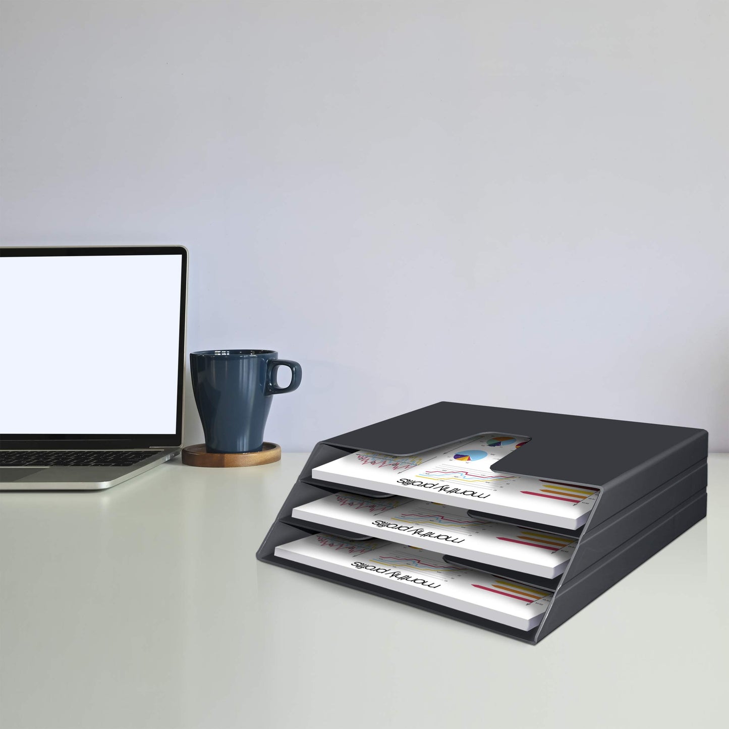 Acrimet Horizontal Triple File Folder Holder Organizer, Open Top Desktop Document Sorter for Letter Size Papers & Folders, Plastic (Black)