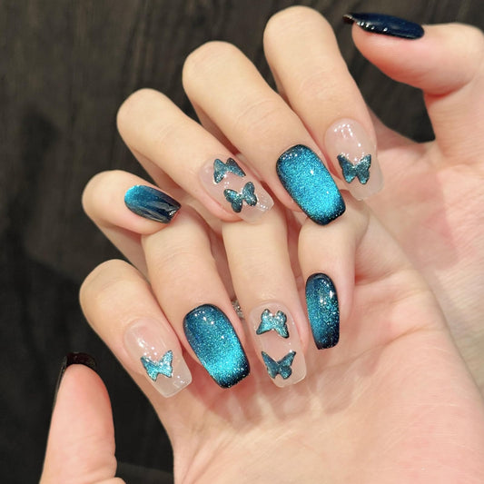 Yacey Butterfly Handmade Press on Nails, Medium Square Reusable False Nails Press Ons, Luxury Blue Cat Eyes Thick Acrylic Fake Nails, 3D Bling Glue on Nails for Women Girls (10 Pcs, M)