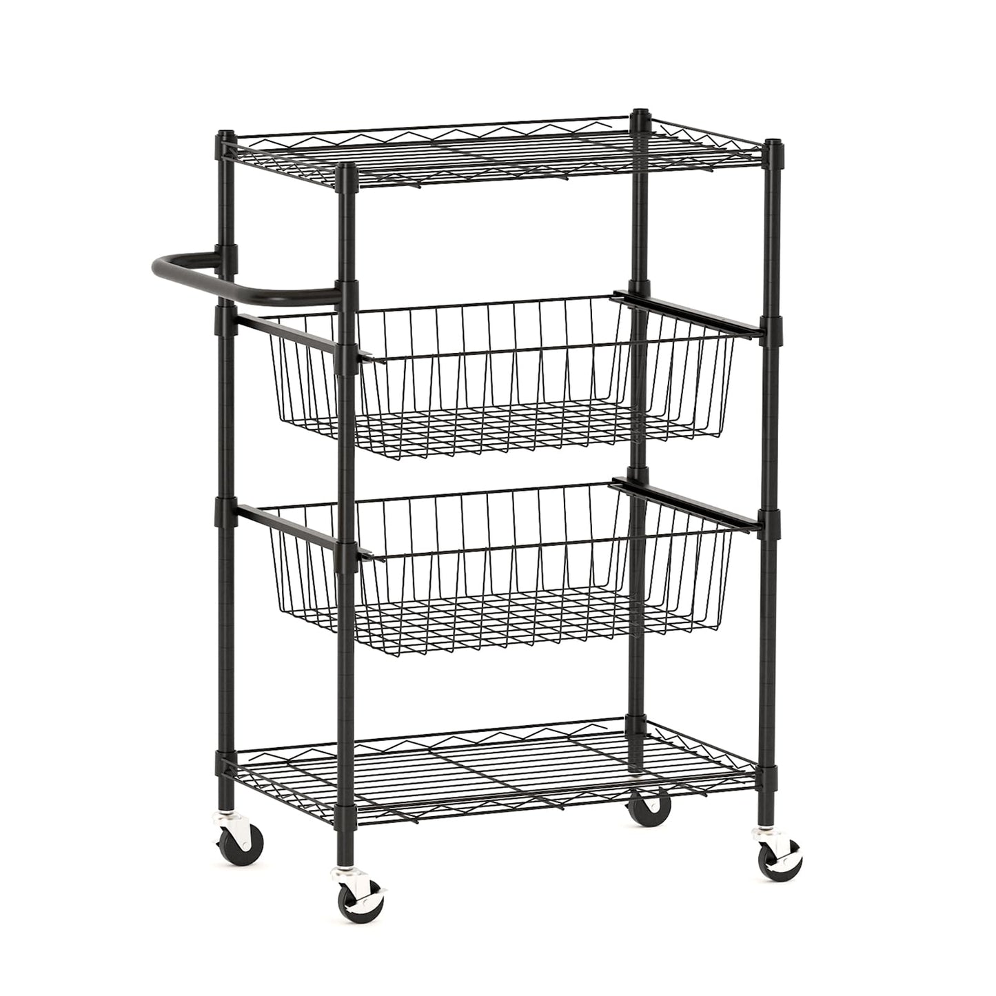 LinTimes 4 Tier Rolling Cart, 110 LB Capacity, Locking Casters & Handle Bar, Wire Storage Rack for Kitchen, Restaurant, Garage, Black