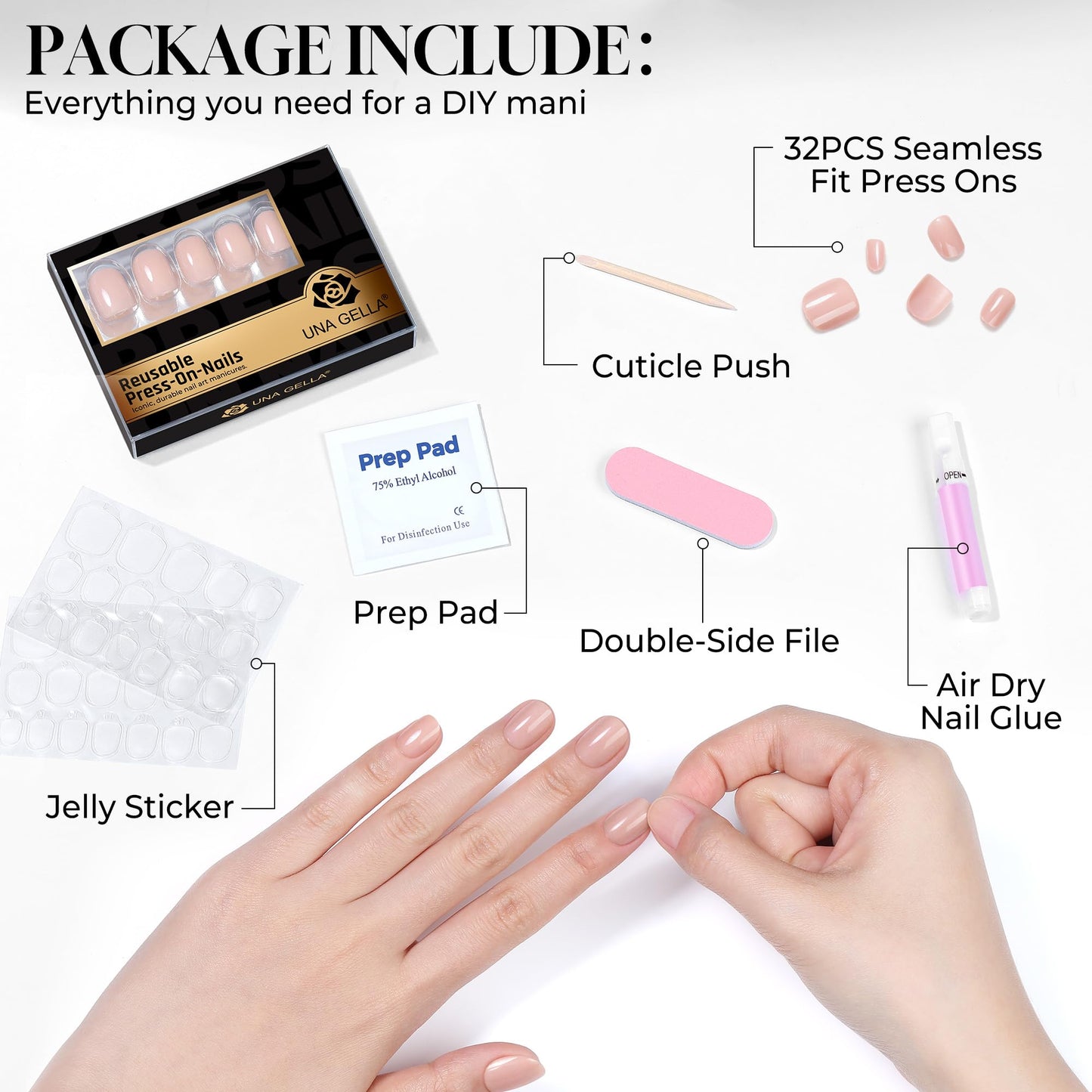 UNA GELLA Short Round Press on Nails - 32Pcs 16 Sizes Oval Nude Pink Fake Nails, Glossy Reusable Glue on Nails for Women, Durable Natural False Nails Kit for Small or Wide Nail Beds