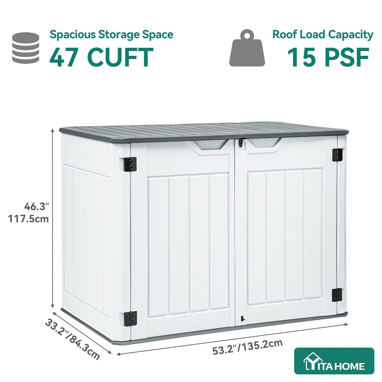 YITAHOME Large Outdoor Horizontal Storage Shed, 47 cu ft Resin Tool Shed w/o Shelf, Outdoor Waterproof Storage with Floor for Trash Cans, Garden Tools, Lawn Mower, Lockable, 4.5x2.8x3.9 ft, Light Gray